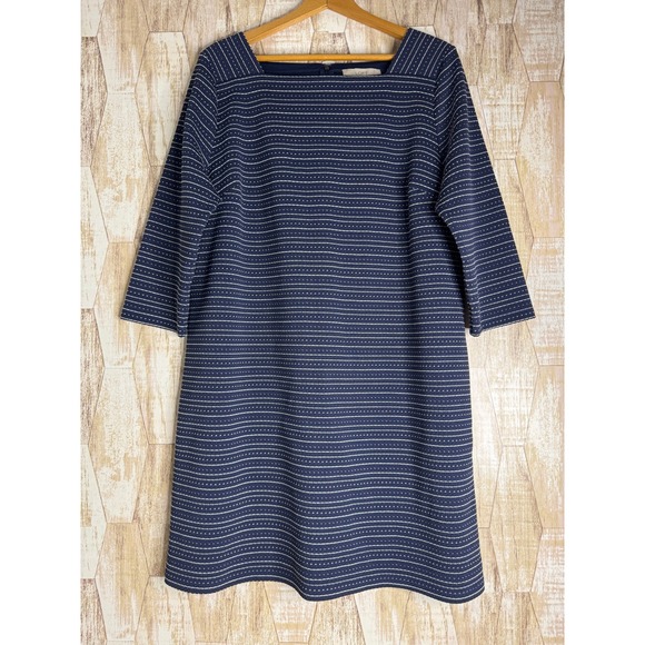 LOFT Dresses & Skirts - Loft Navy Blue Pinstripe Square‎ Neck Shift Dress XL 3/4 Sleeve Textured Knit